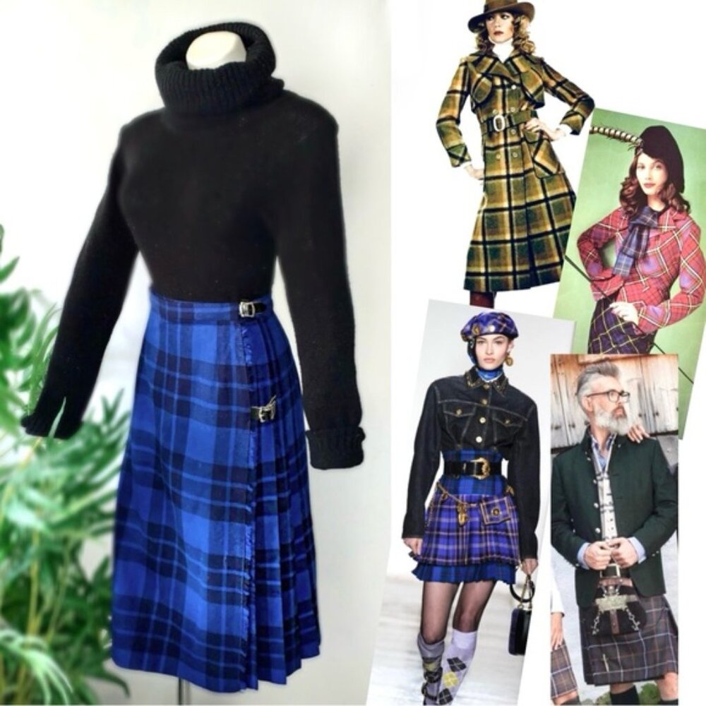 Vintage Scottish Plaid Wool Pleated Wrap Buckle Tartan Skirt